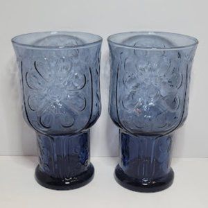 SET OF 2 VINTAGE 1970's LIBBEY BLUE GLASS TUMBLERS COUNTRY GARDEN DAISEY 6"